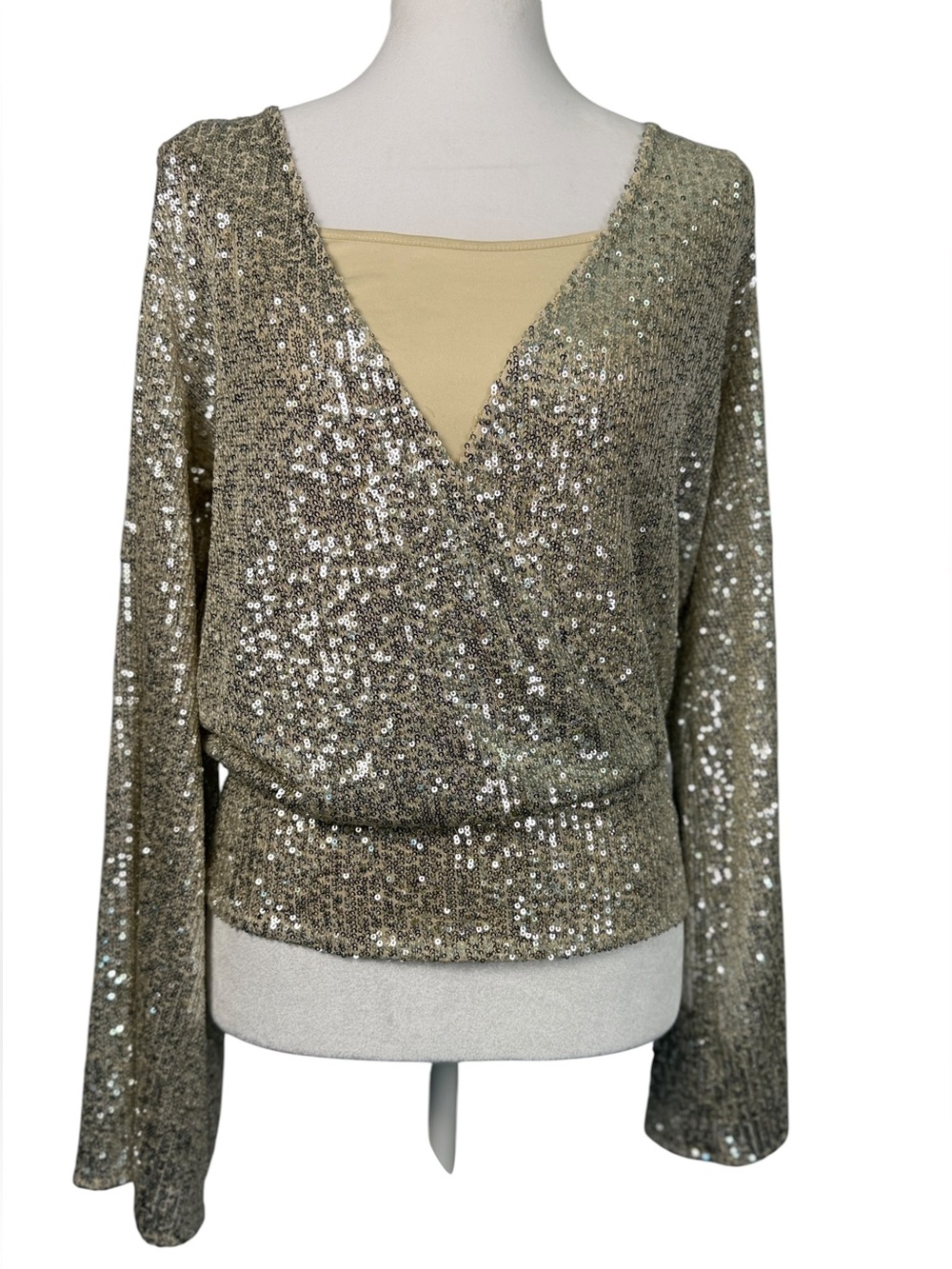 VENUS Gold Sequin Wrap-Front Bell Sleeve Blouse Size S Festive wear
